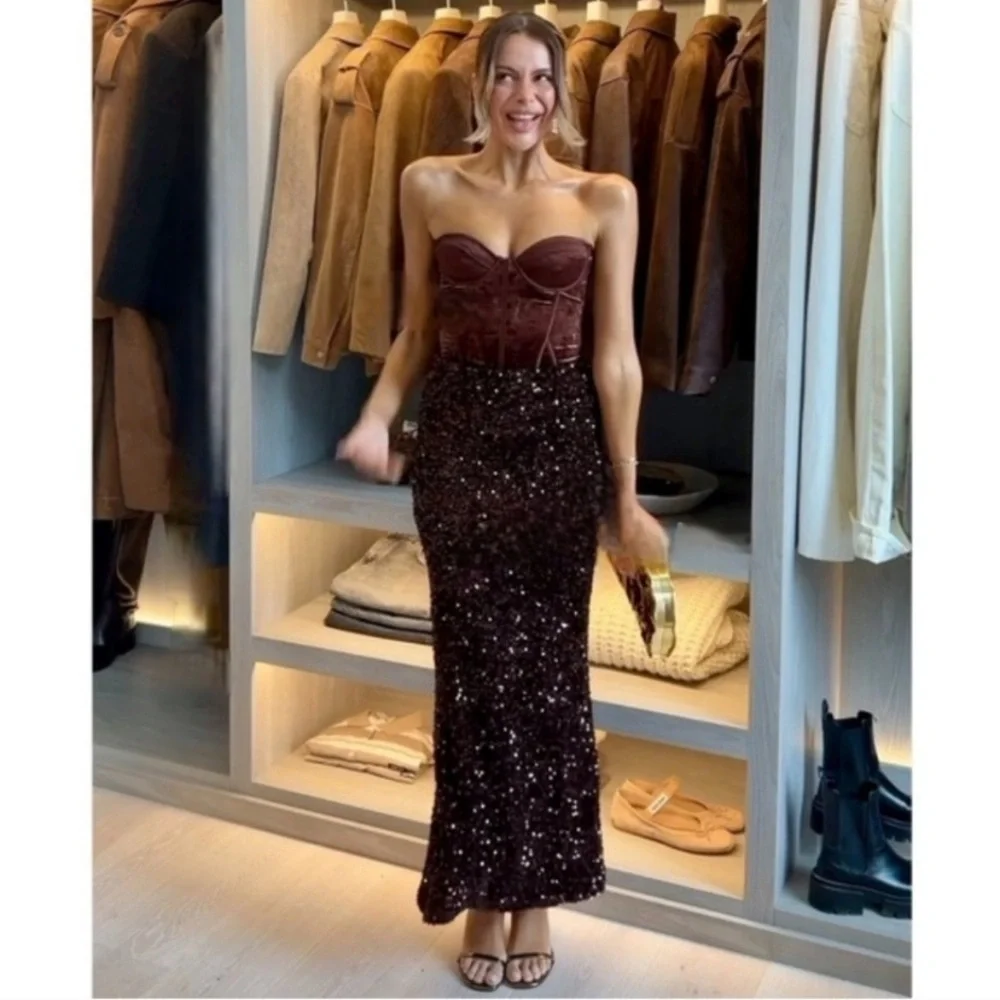 ZARA LONG SEQUIN SKIRT BROWN LARGE